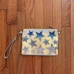 Bari Lynn Gold and Blue Star-Patterned Wristlet
